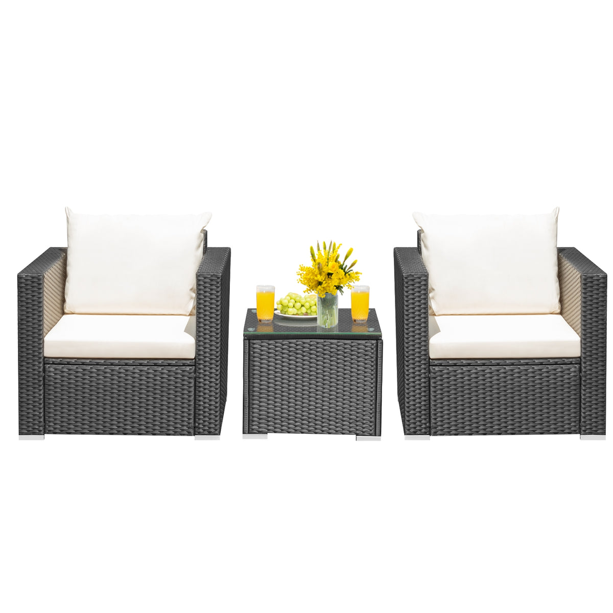3-Piece Patio Wicker Conversation Set with Cushions - White