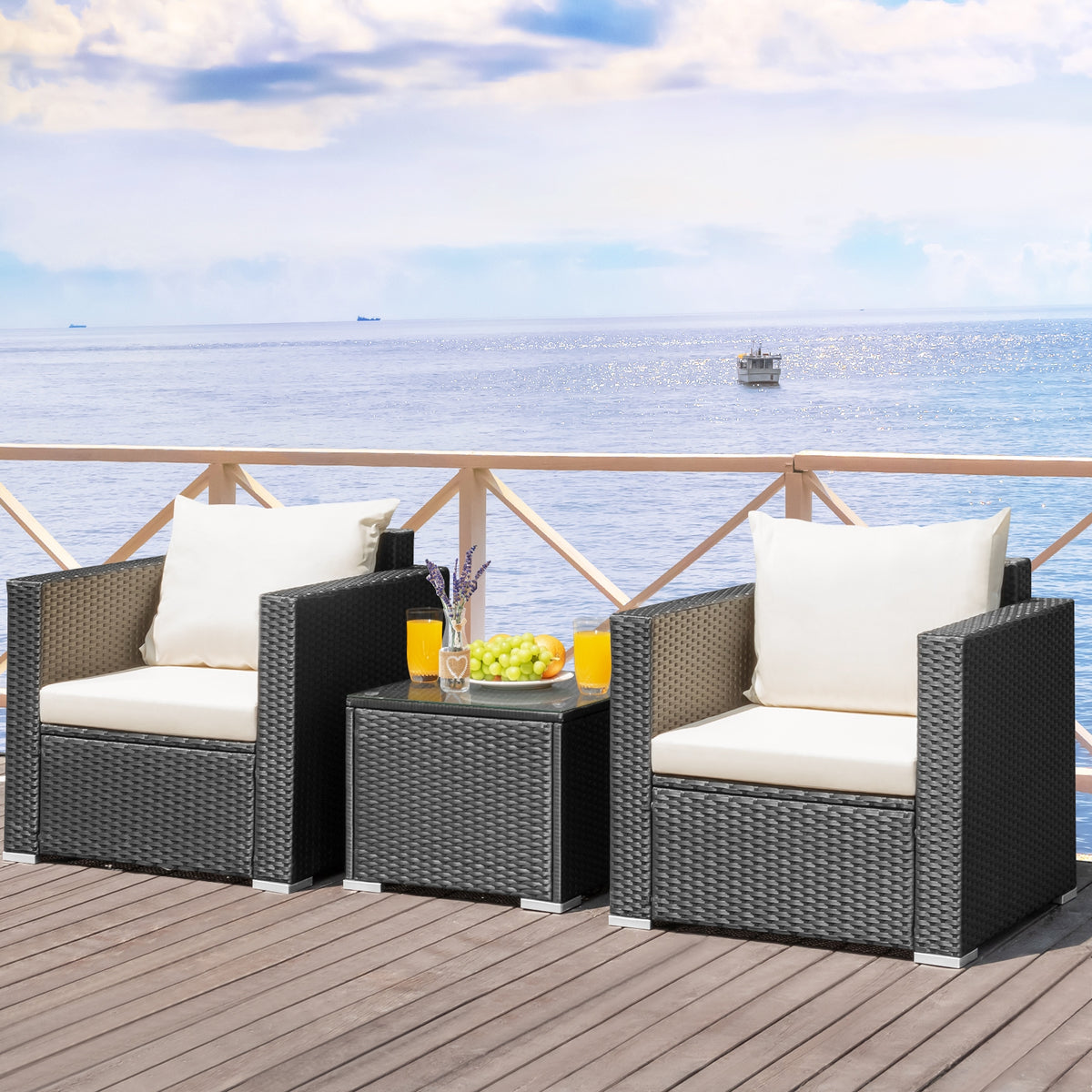 3-Piece Patio Wicker Conversation Set with Cushions - White