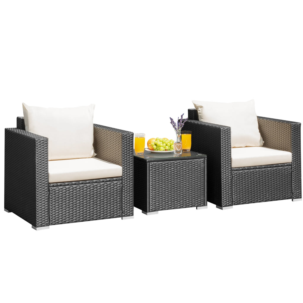 3-Piece Patio Wicker Conversation Set with Cushions - White