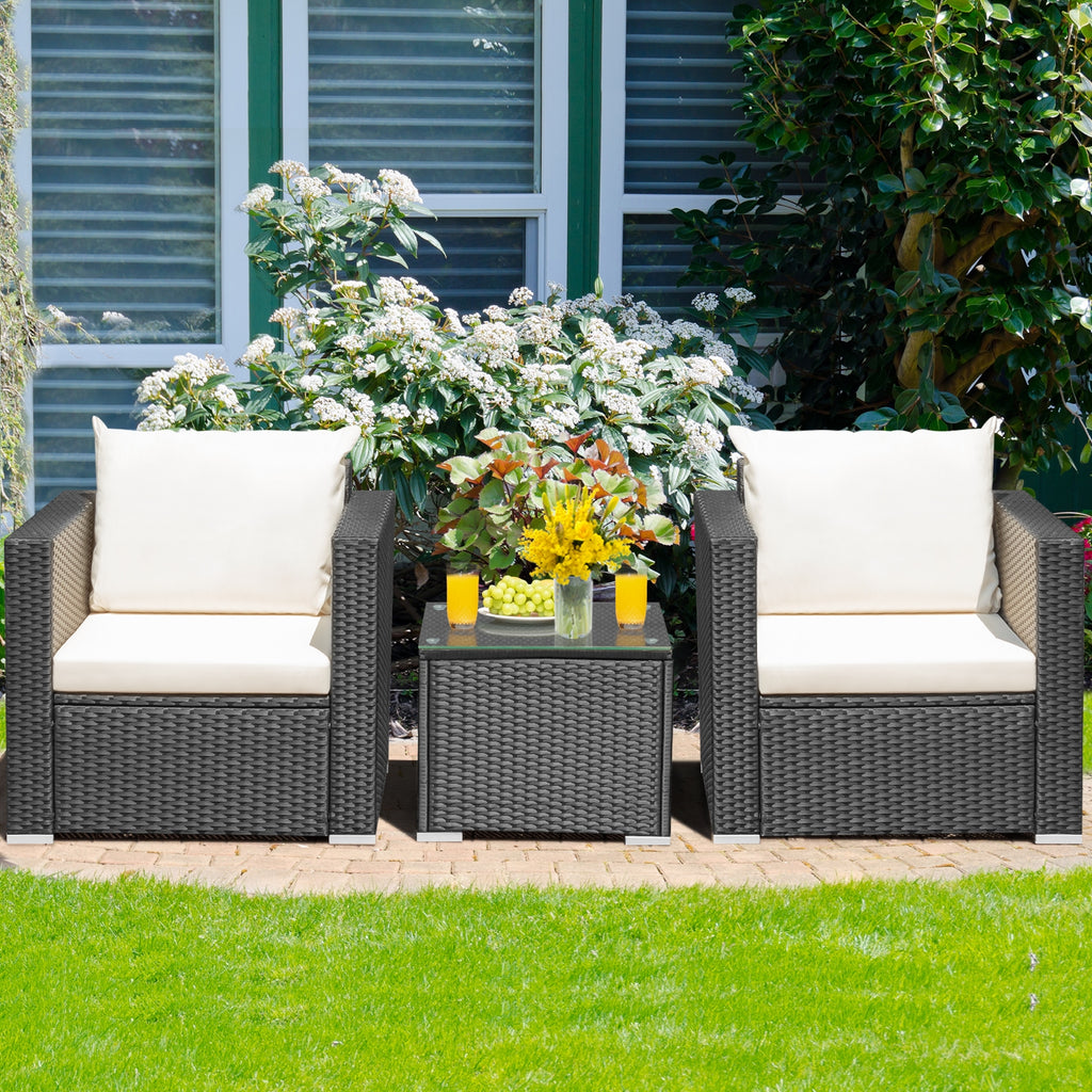 3-Piece Patio Wicker Conversation Set with Cushions - White