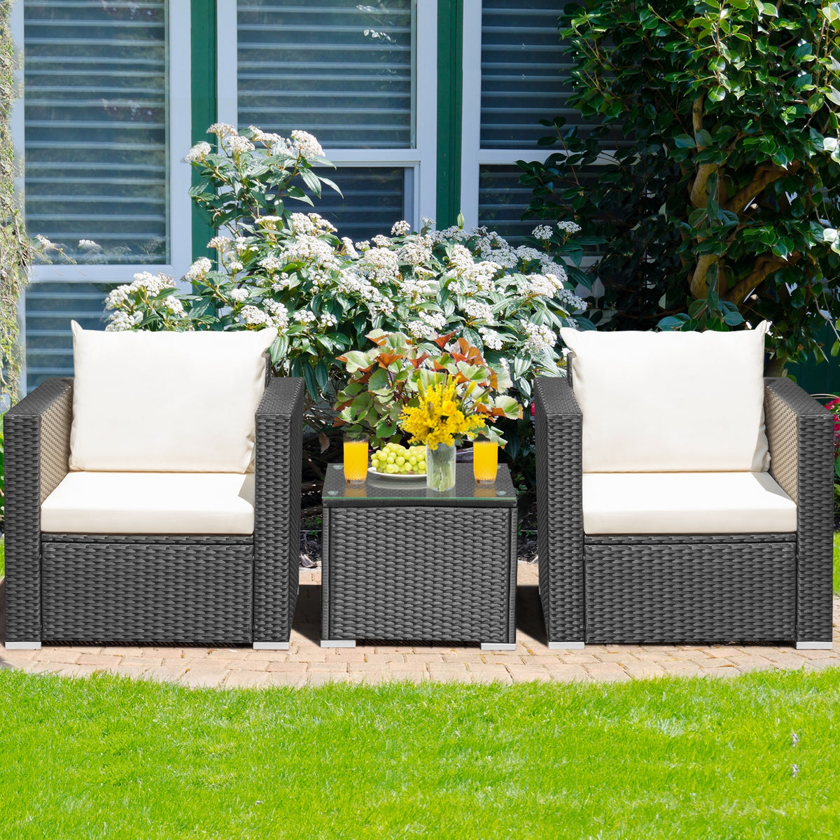3-Piece Patio Wicker Conversation Set with Cushions - White