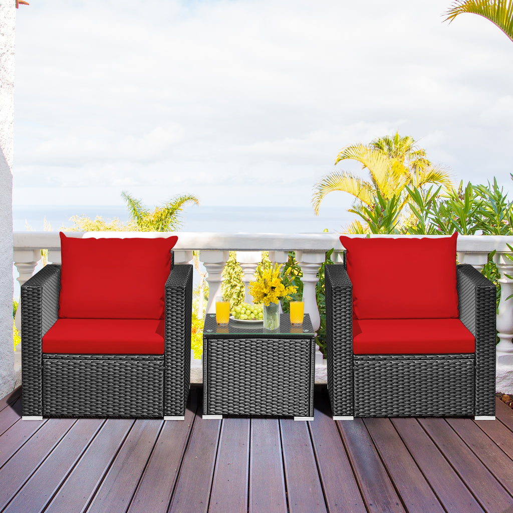 3-Piece Patio Wicker Conversation Set with Cushions - White