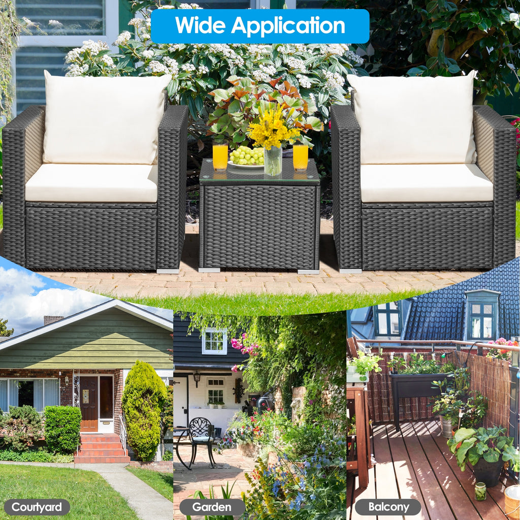 3-Piece Patio Wicker Conversation Set with Cushions - White