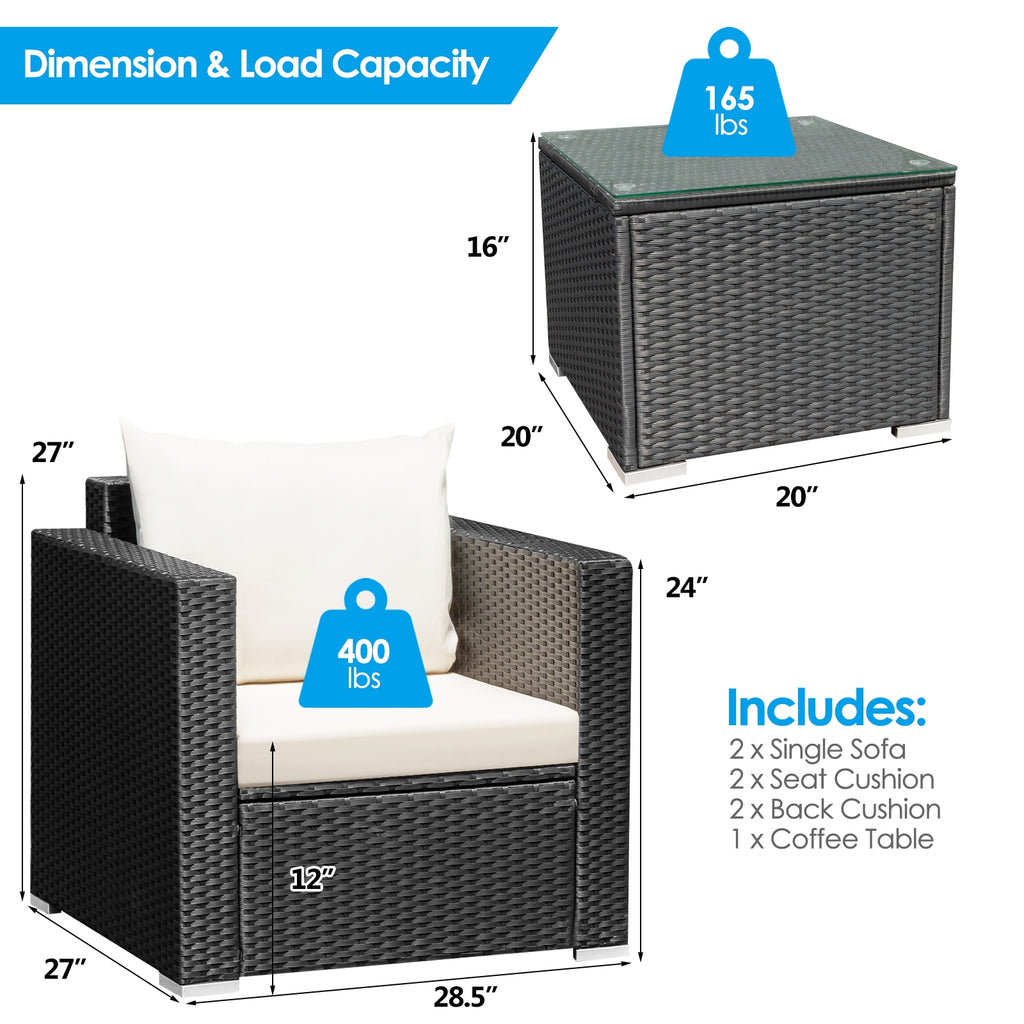3-Piece Patio Wicker Conversation Set with Cushions - White