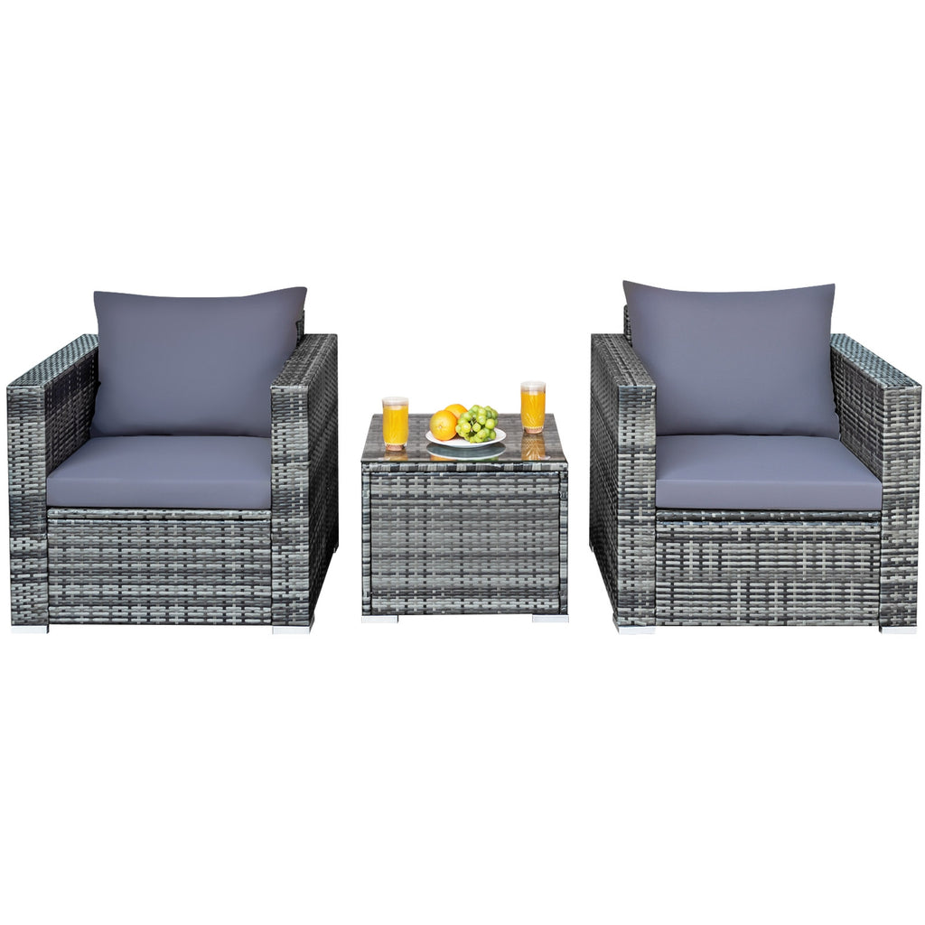 3 Pieces Patio Rattan Furniture Bistro Sofa Set with Cushioned
