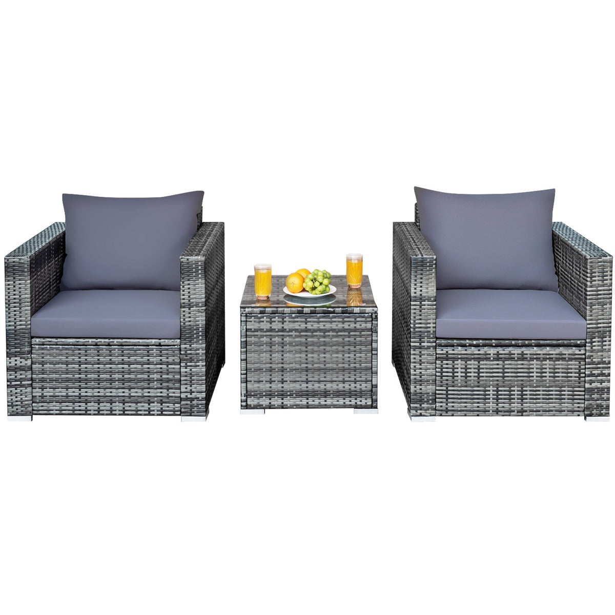 3 Pieces Patio Rattan Furniture Bistro Sofa Set with Cushioned
