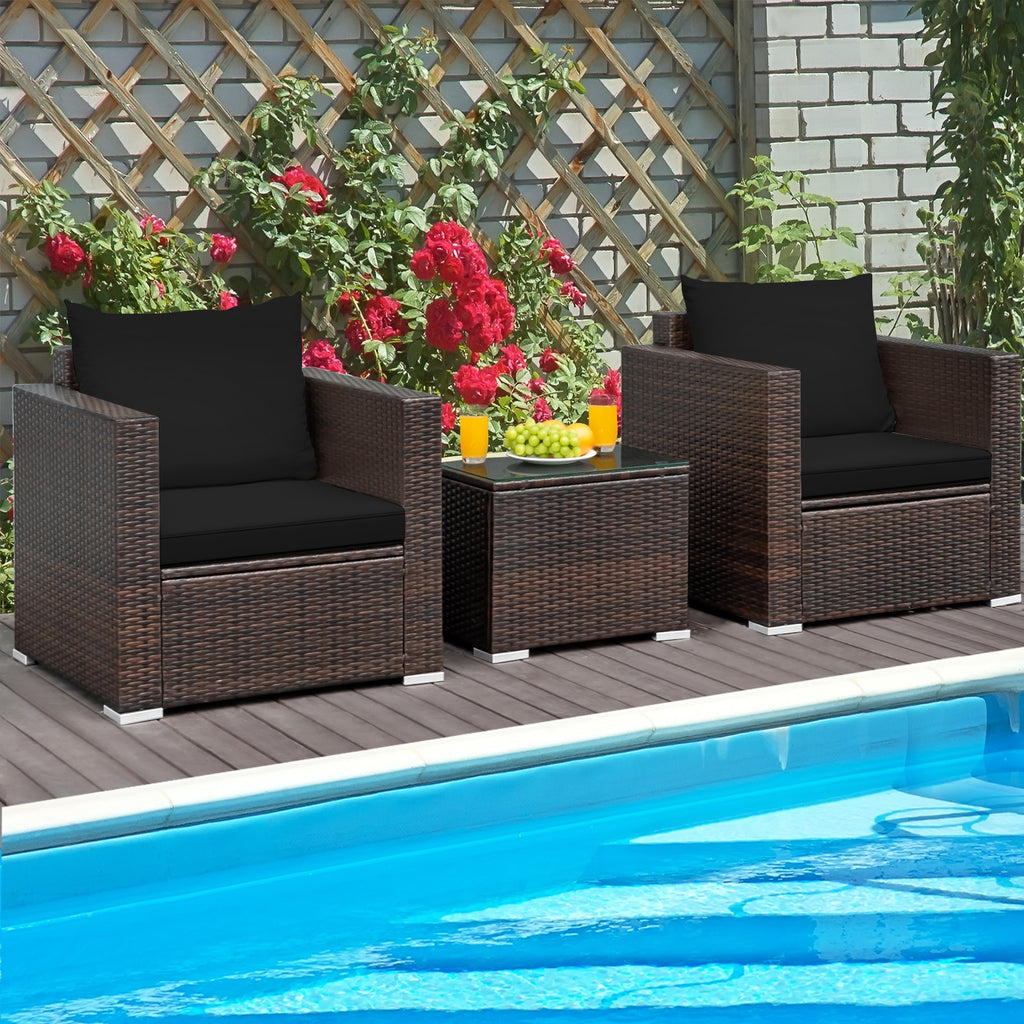 3 Pieces Patio Sofa Set with Glass Table & Cushions - Black