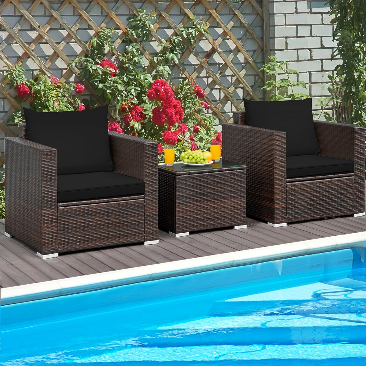 3 Pieces Patio Sofa Set with Glass Table & Cushions - Black