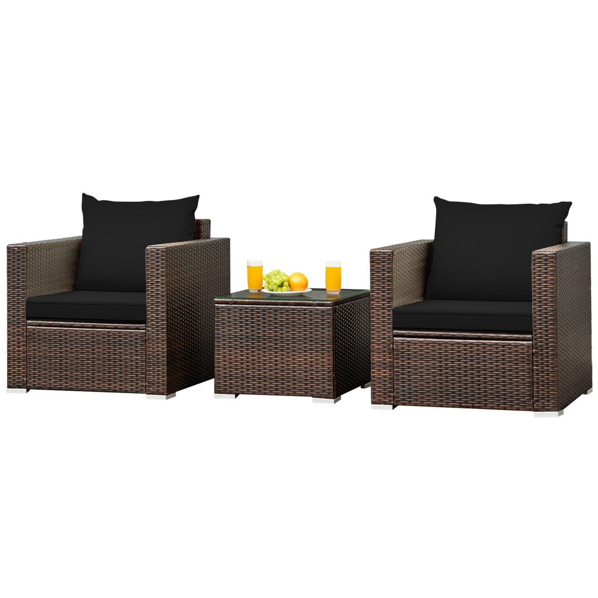 3 Pieces Patio Sofa Set with Glass Table & Cushions - Black