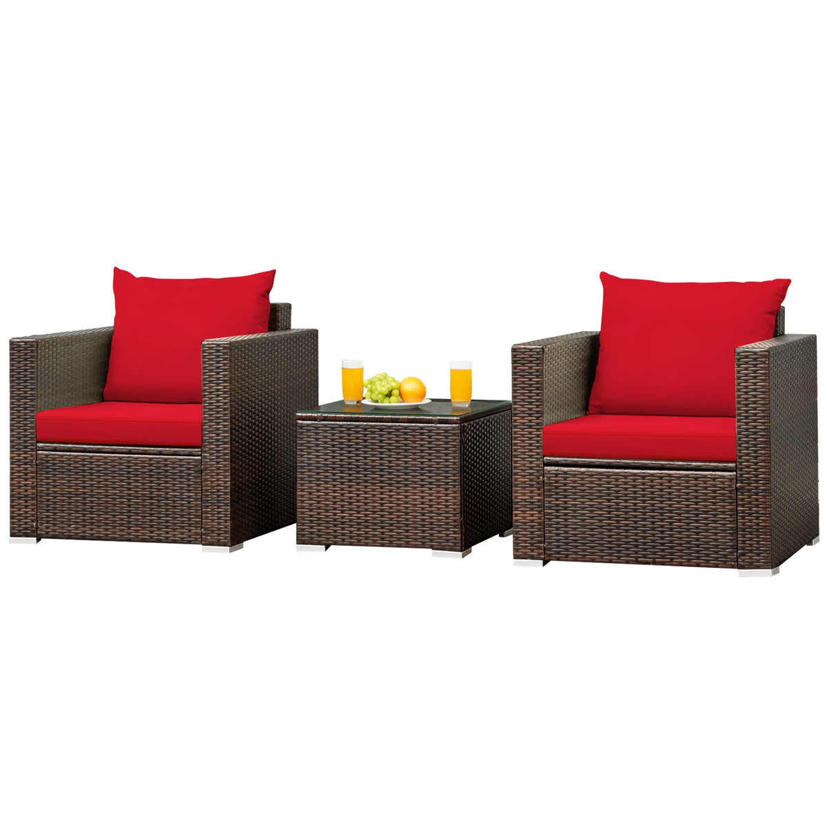 3-Piece Rattan Patio Sofa Set with Cushions - Red