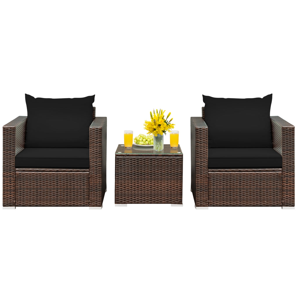 3 Pieces Patio Sofa Set with Glass Table & Cushions - Black