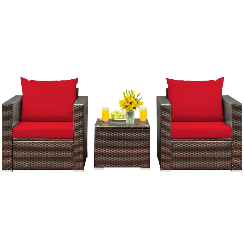 3-Piece Rattan Patio Sofa Set with Cushions - Red