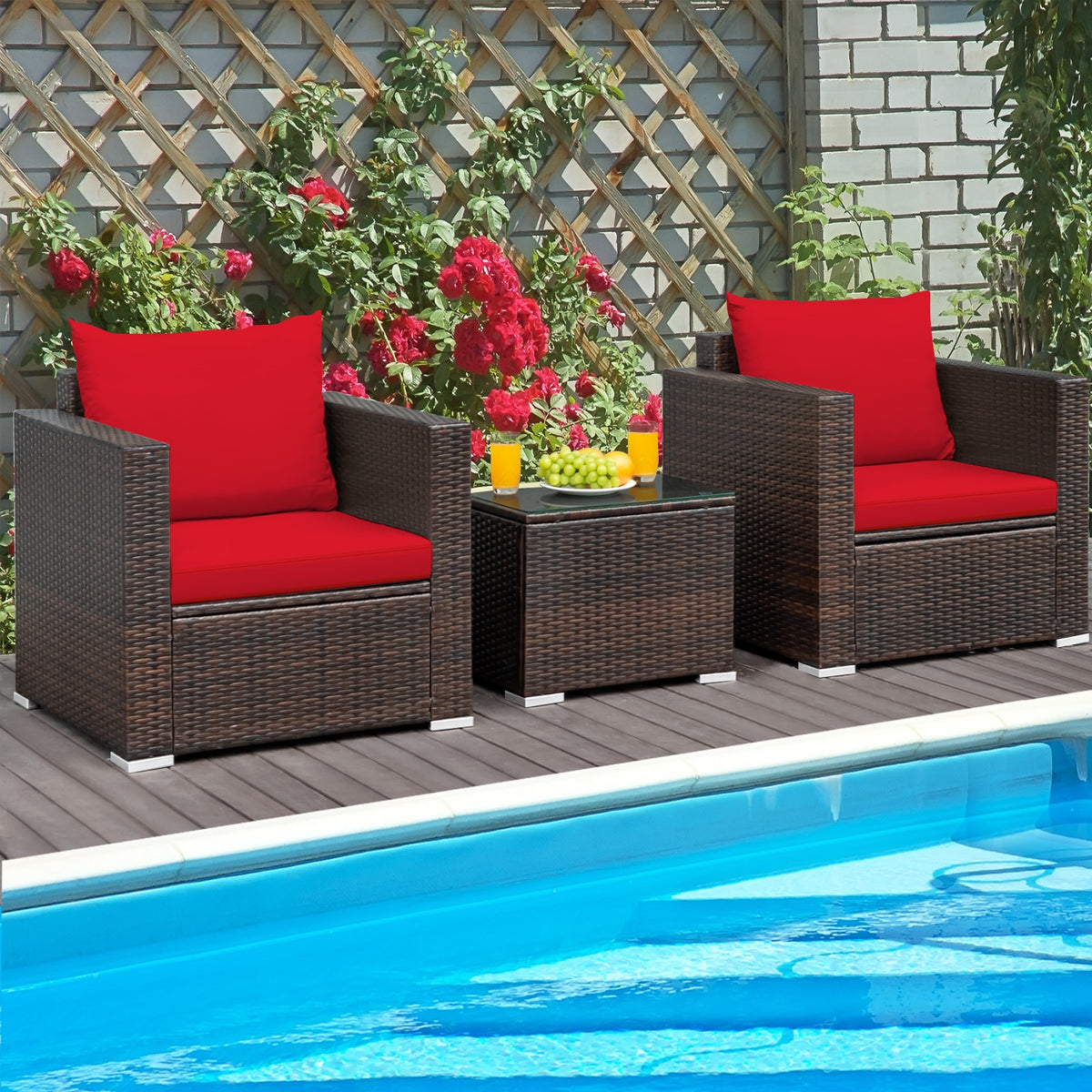 3-Piece Rattan Patio Sofa Set with Cushions - Red