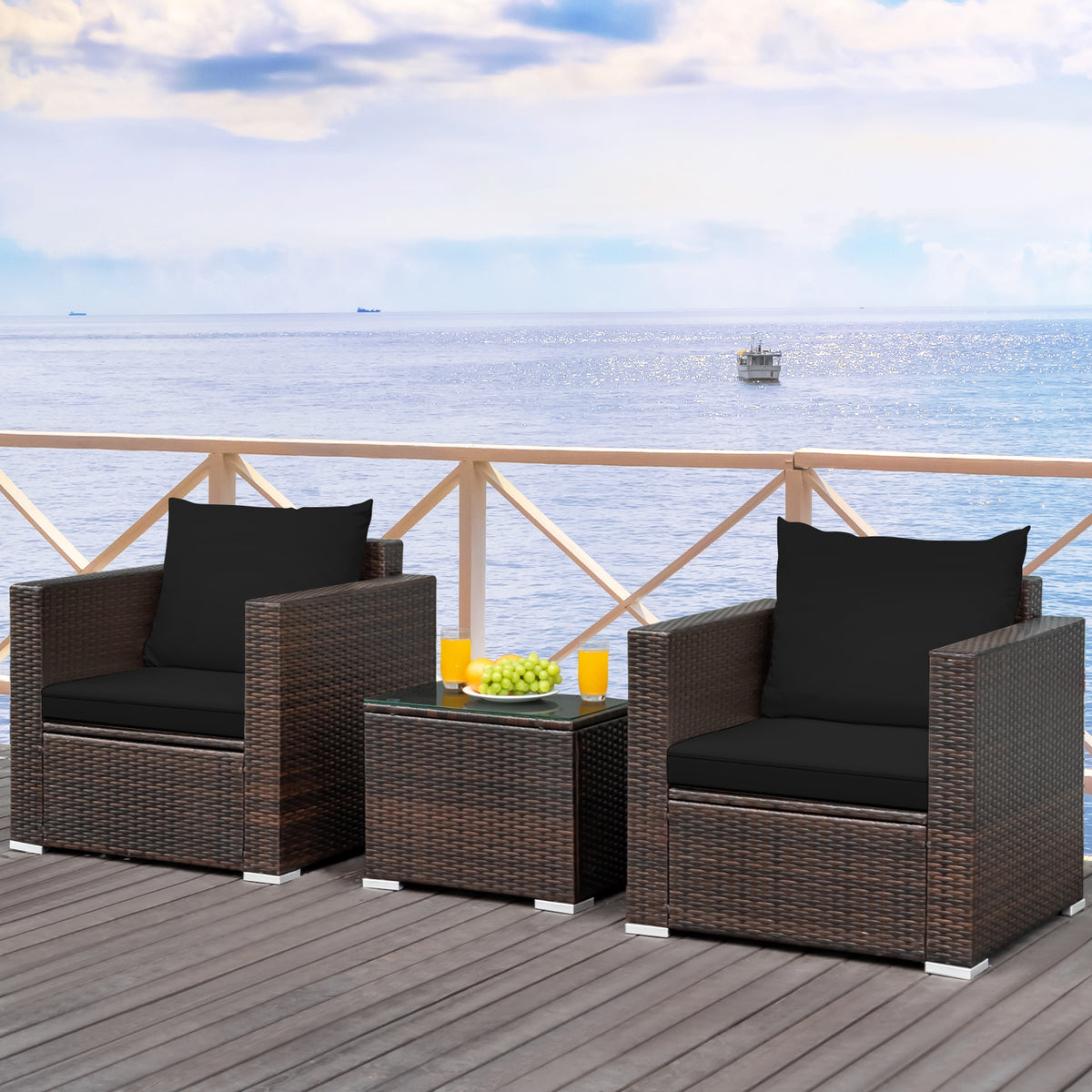 3 Pieces Patio Sofa Set with Glass Table & Cushions - Black