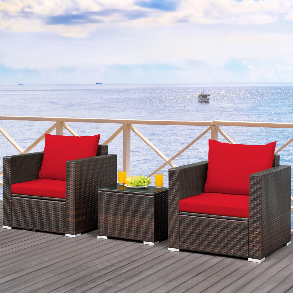 3-Piece Rattan Patio Sofa Set with Cushions - Red