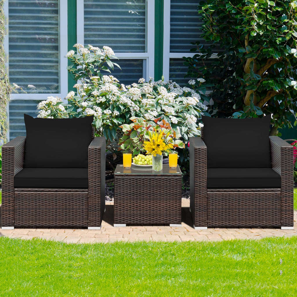 3 Pieces Patio Sofa Set with Glass Table & Cushions - Black