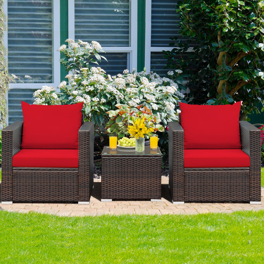 3-Piece Rattan Patio Sofa Set with Cushions - Red