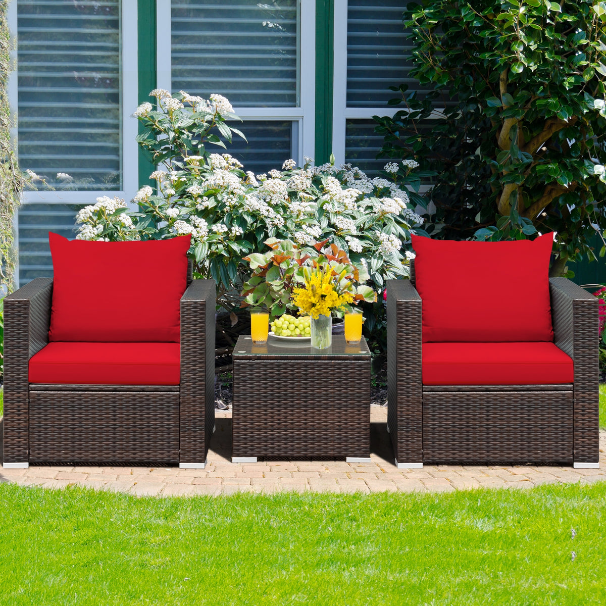 3-Piece Rattan Patio Sofa Set with Cushions - Red
