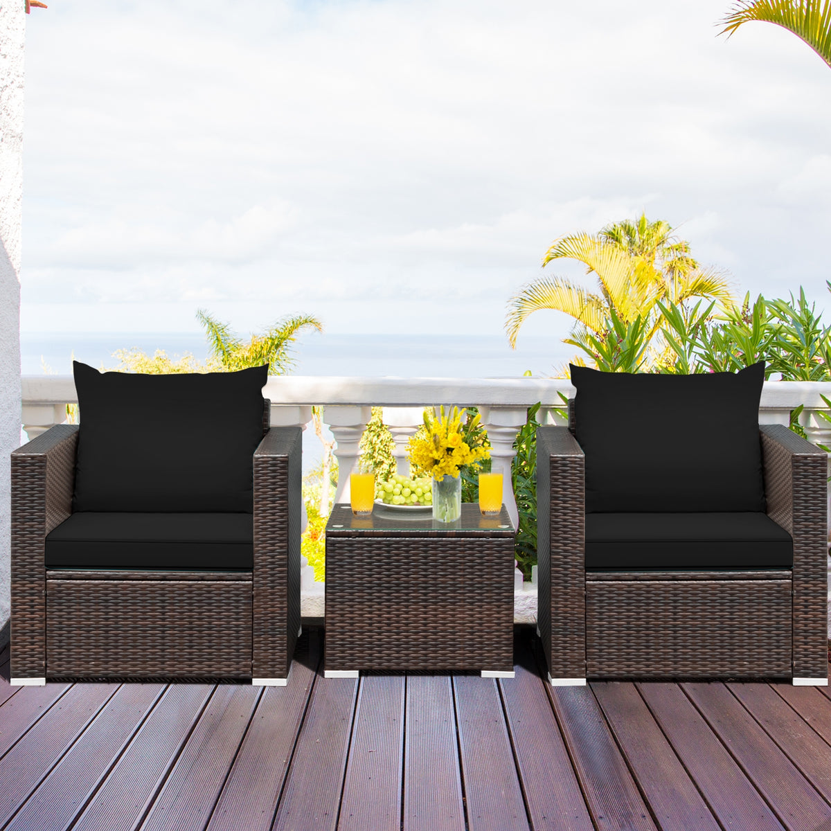 3 Pieces Patio Sofa Set with Glass Table & Cushions - Black