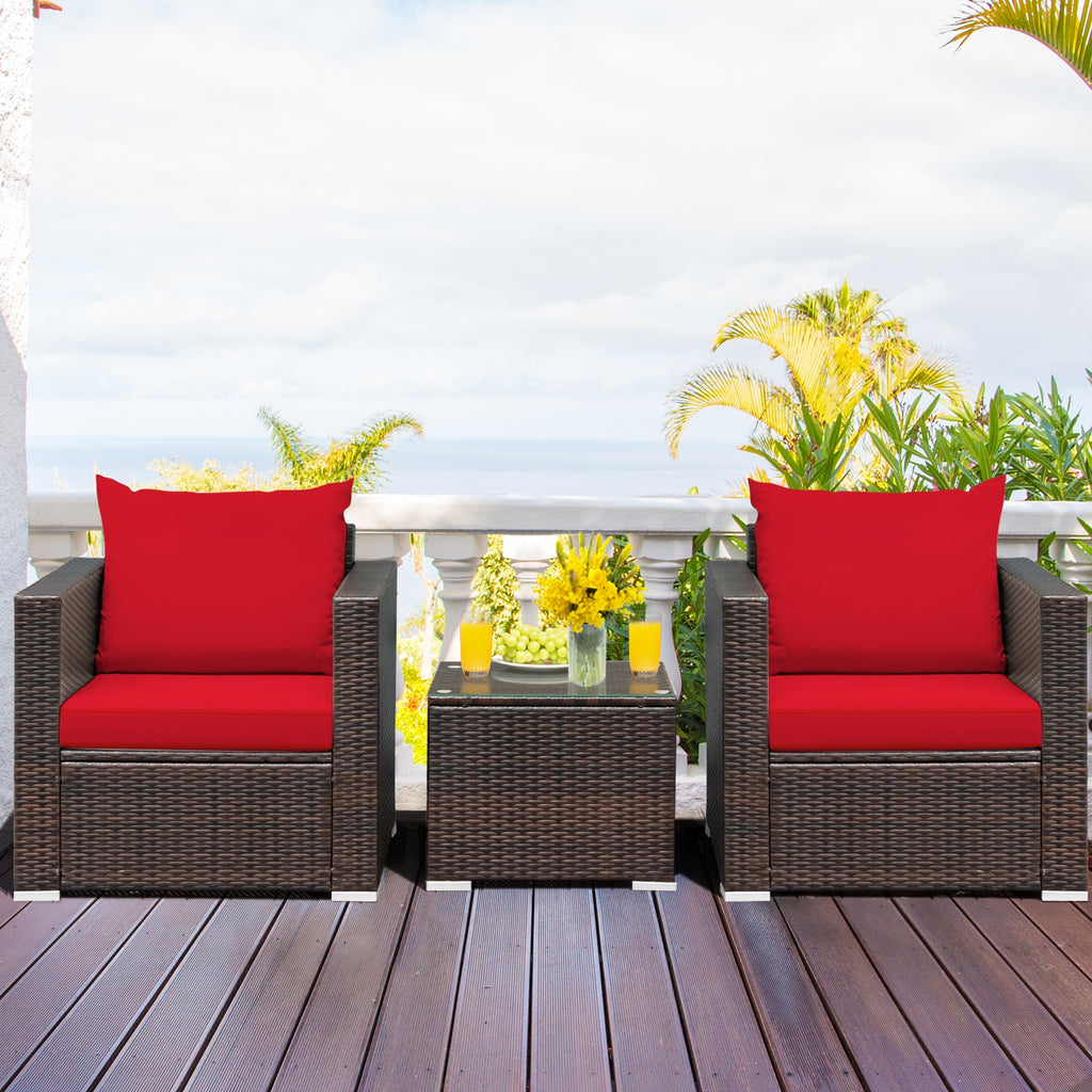 3-Piece Rattan Patio Sofa Set with Cushions - Red