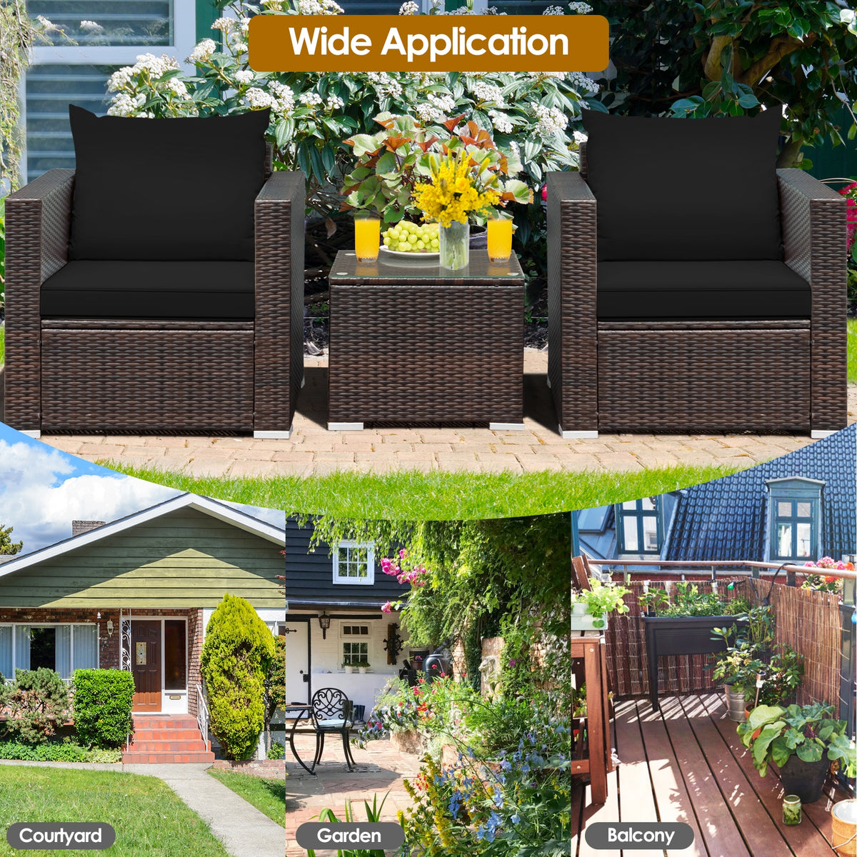 3 Pieces Patio Sofa Set with Glass Table & Cushions - Black