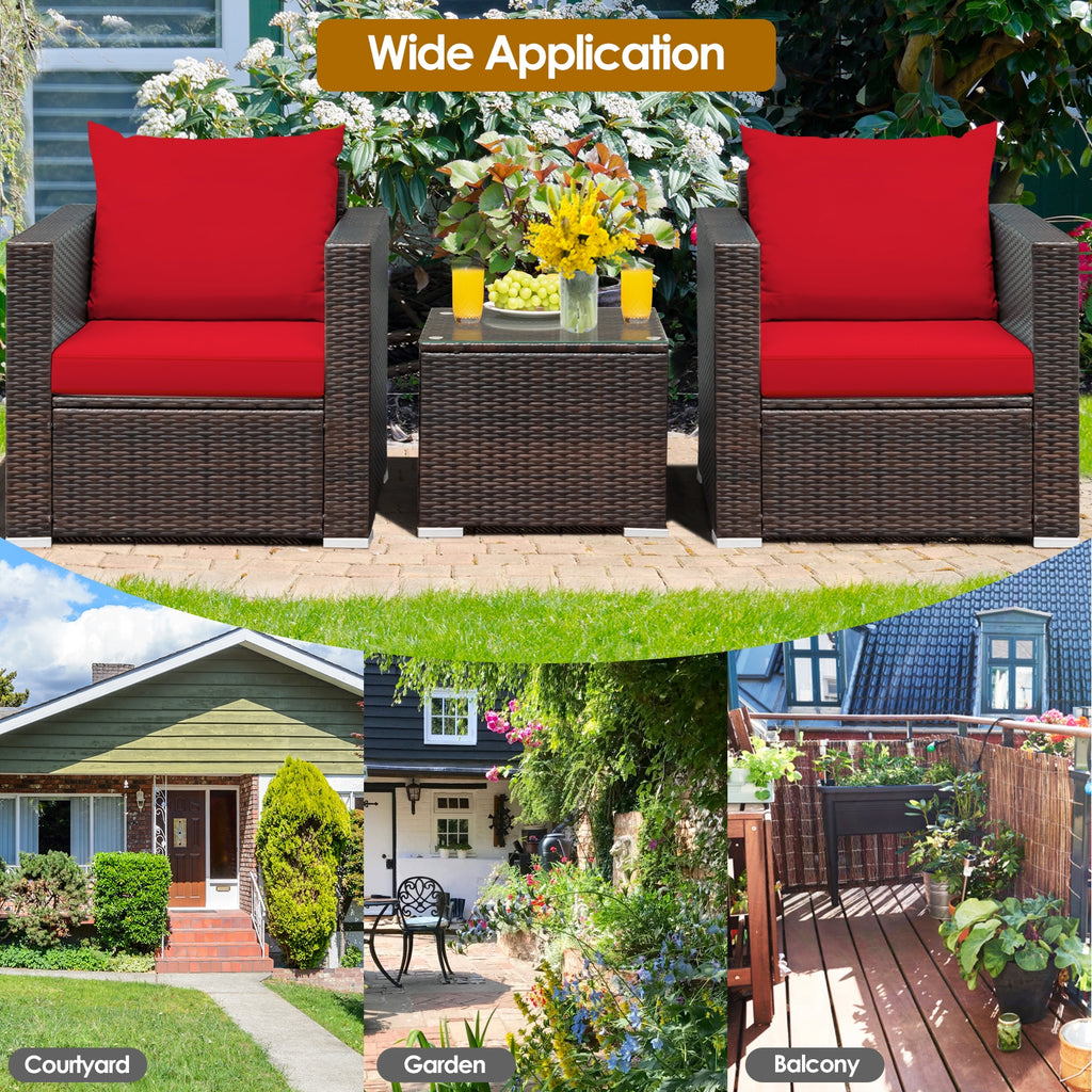 3-Piece Rattan Patio Sofa Set with Cushions - Red