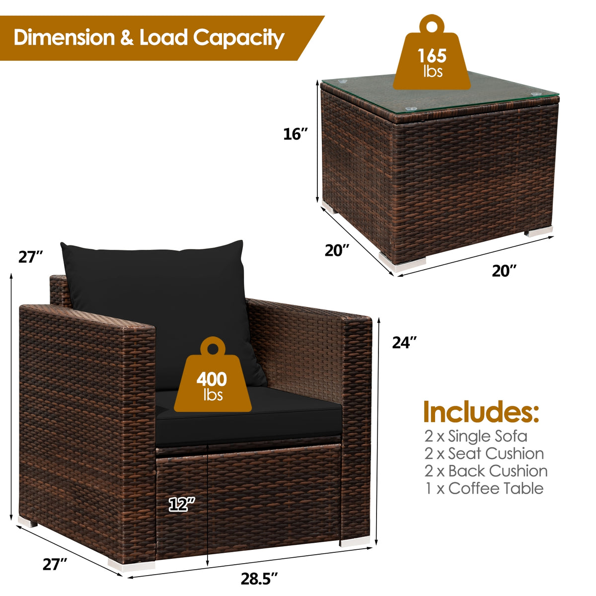 3 Pieces Patio Sofa Set with Glass Table & Cushions - Black