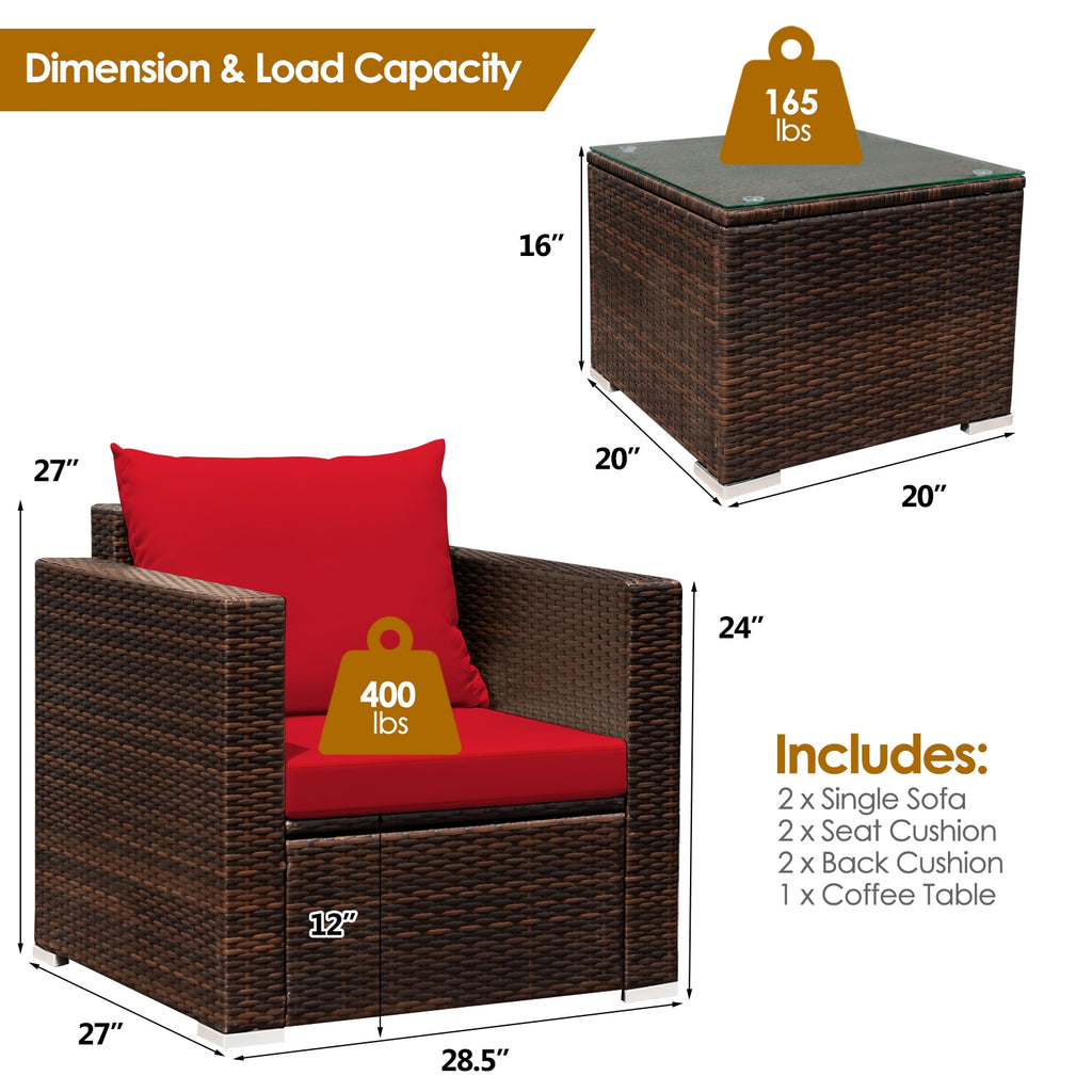 3 Pieces Patio Conversation Rattan Furniture Set with Cushion