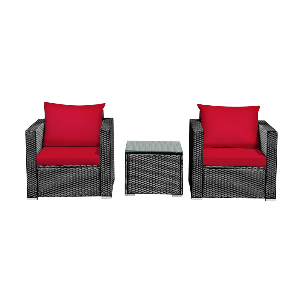 3-Piece Rattan Patio Sofa Set with Cushions - Red