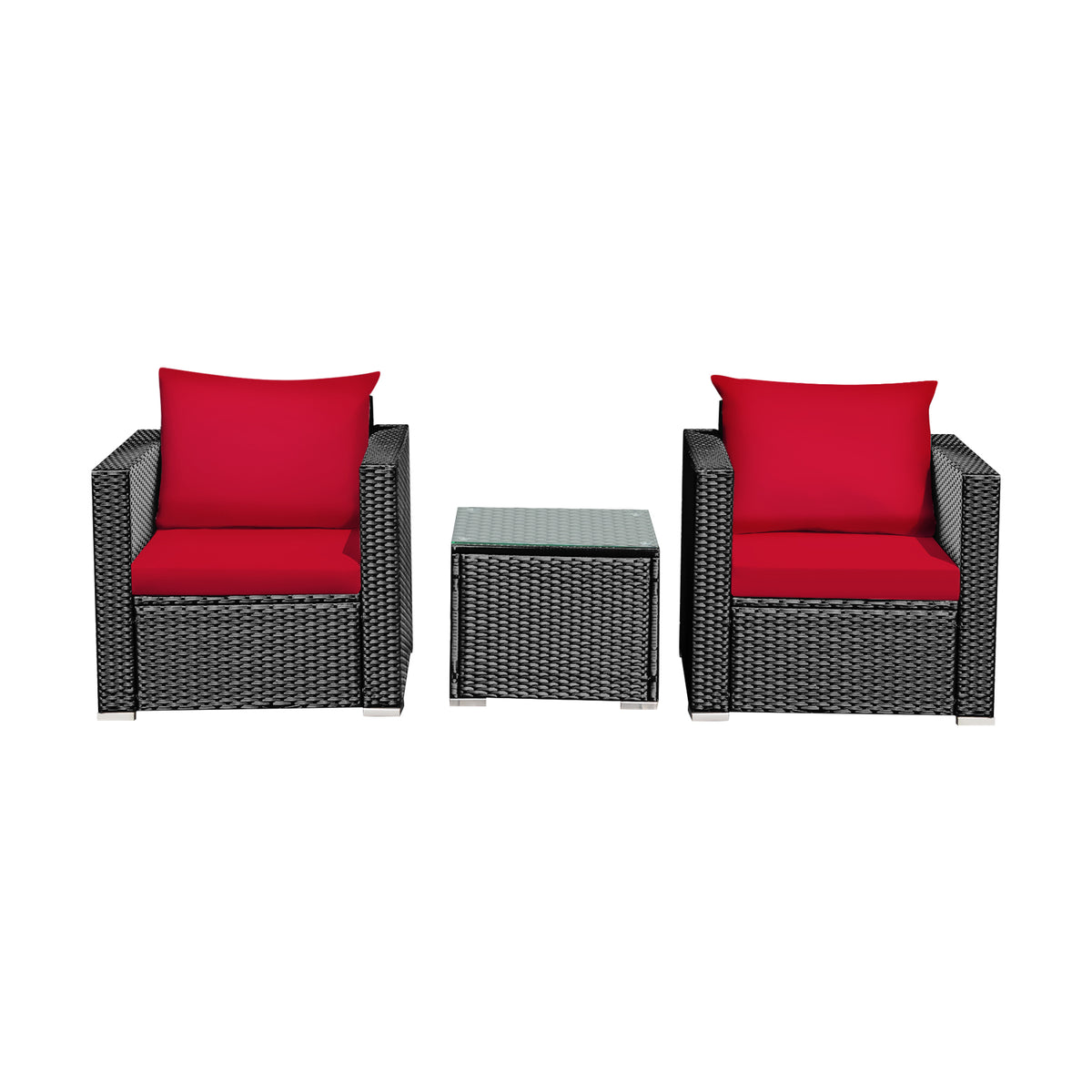 3-Piece Rattan Patio Sofa Set with Cushions - Red