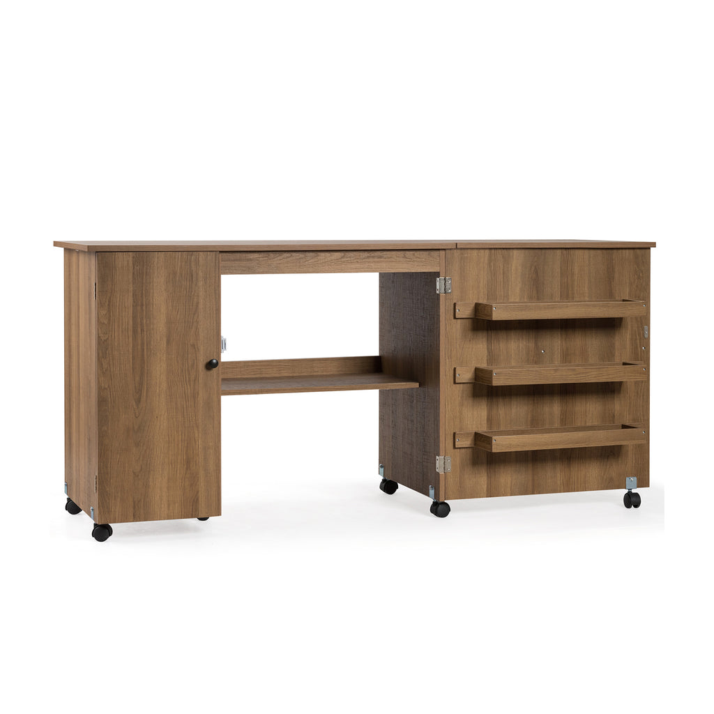 Folding Sewing Table with Storage Shelves and Lockable Casters - White