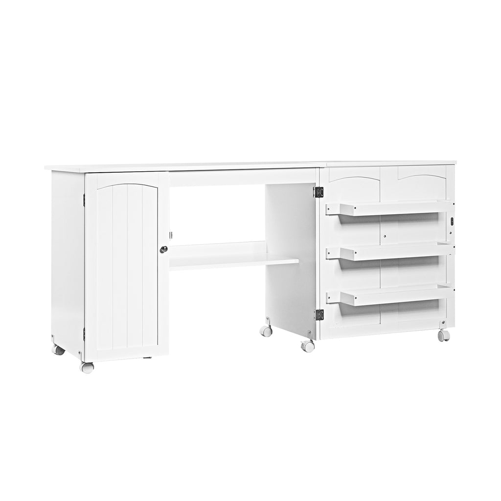 Folding Sewing Table with Storage Shelves and Lockable Casters - White