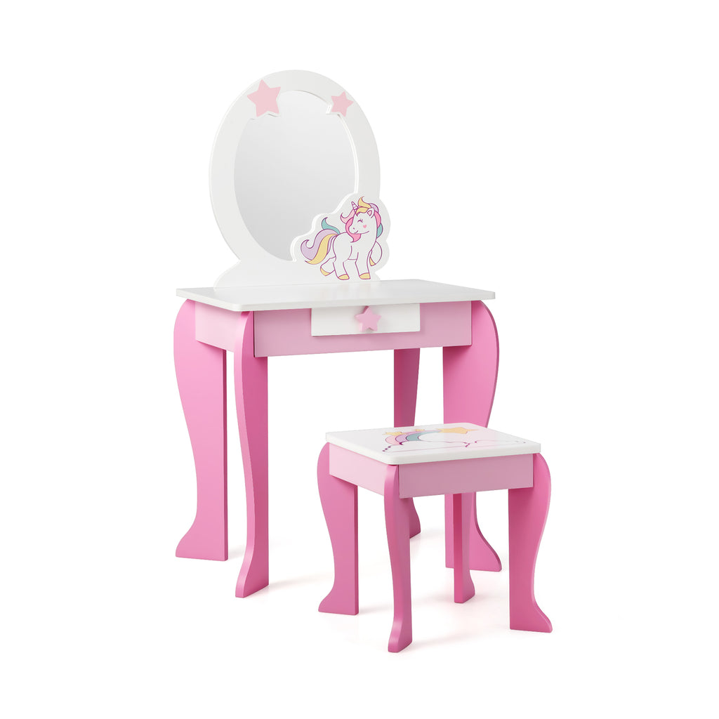 Kids Vanity Set Makeup Dressing Table and Chair with Mirror & Drawer - Pink