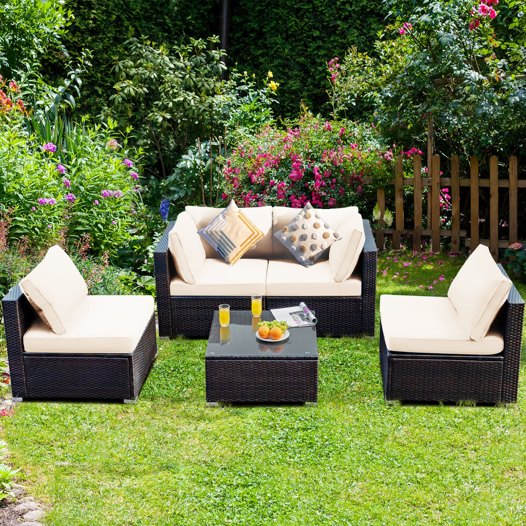 5 Pieces Cushioned Patio Rattan Furniture Set with Glass Table