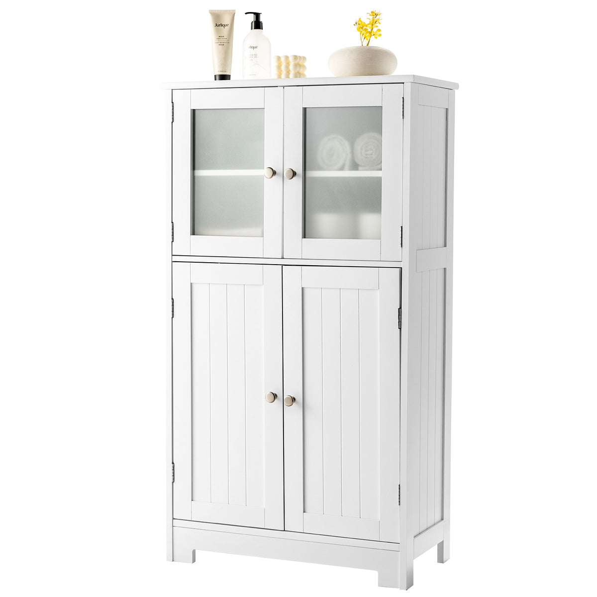 Bathroom Floor Storage Cabinet with Glass Doors and Adjustable Shelf