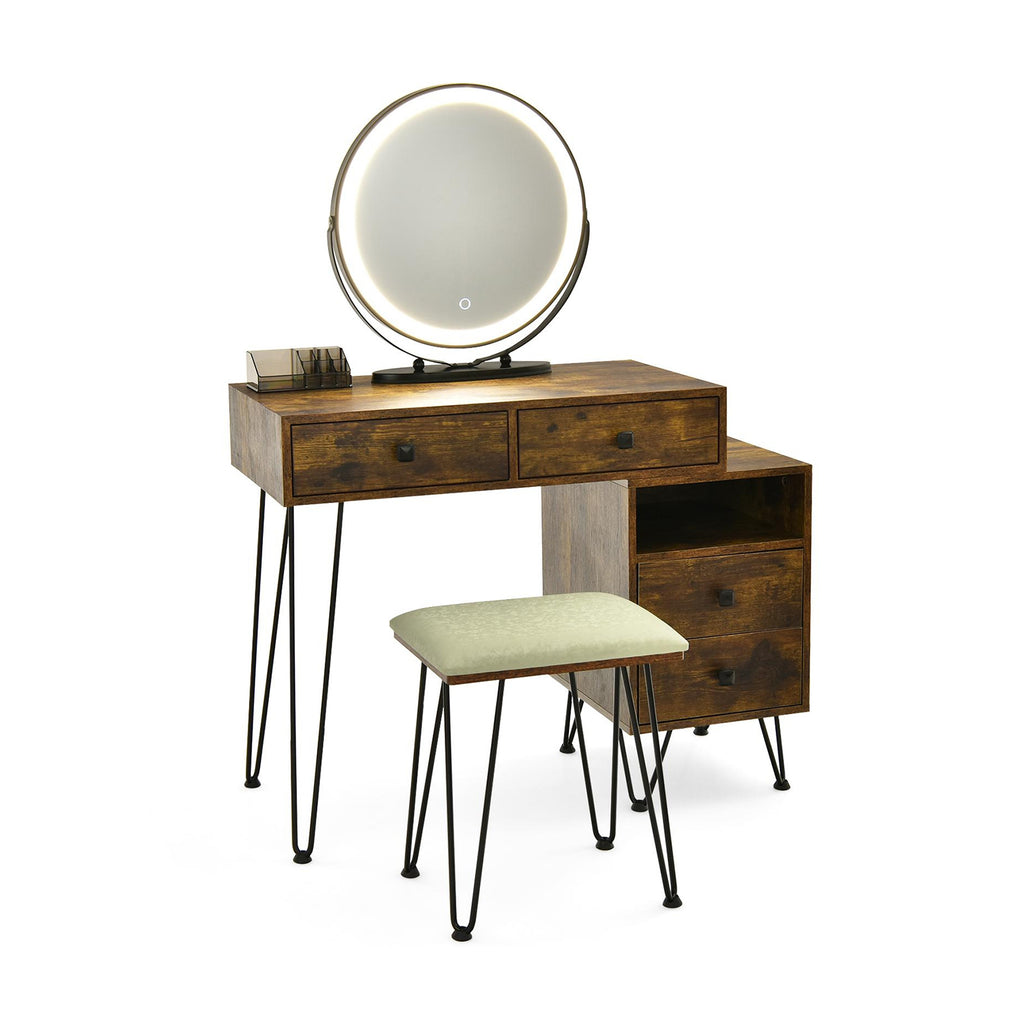 Lighted Vanity Table Set with 3-Color Mirror and Charging Station, Brown