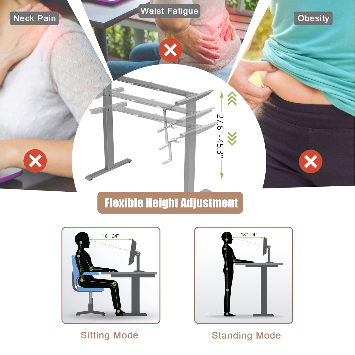 Hand Crank Sit to Stand Desk Frame - Gray