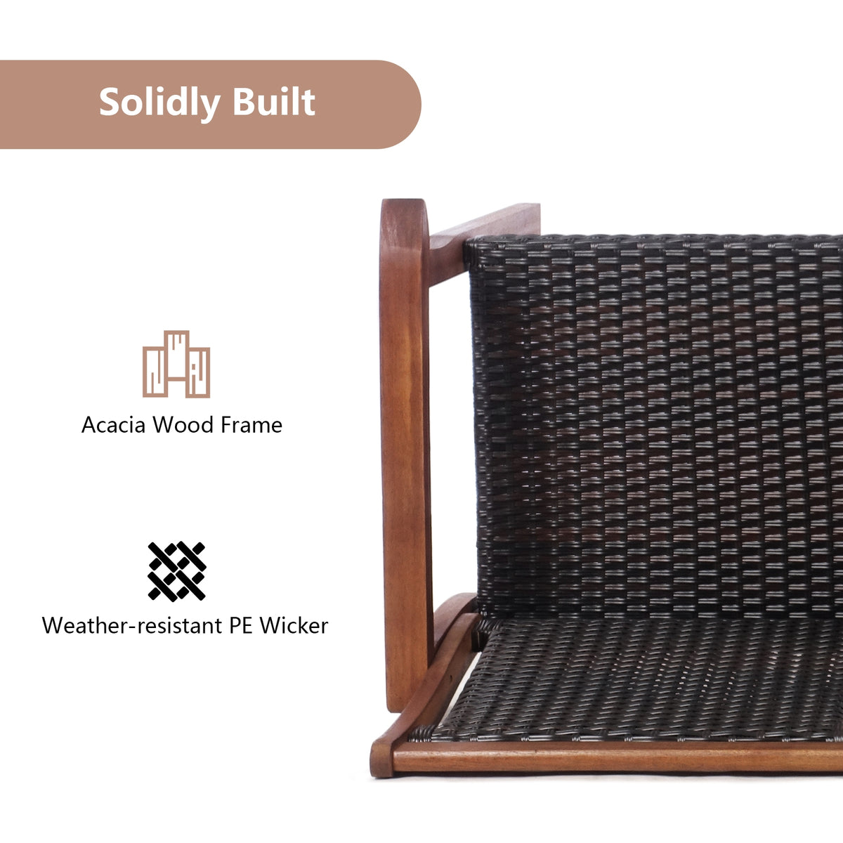 2-Seat Patio Rattan Acacia Wood Chair with Coffee Table