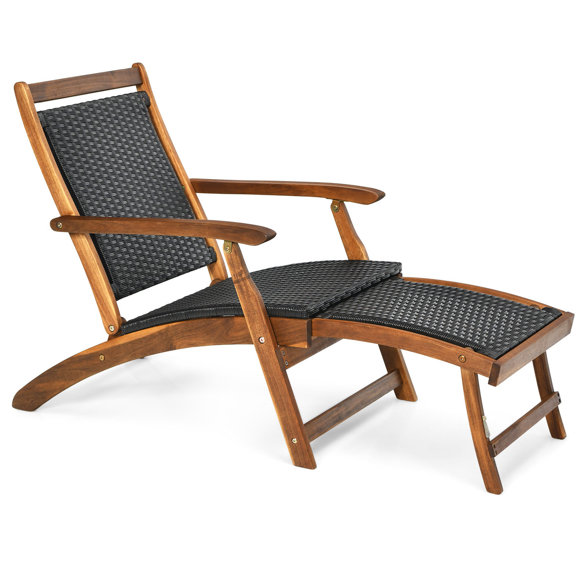 3 Pieces Patio Rattan Folding Lounge Chair Set of 2 with Acacia Wood