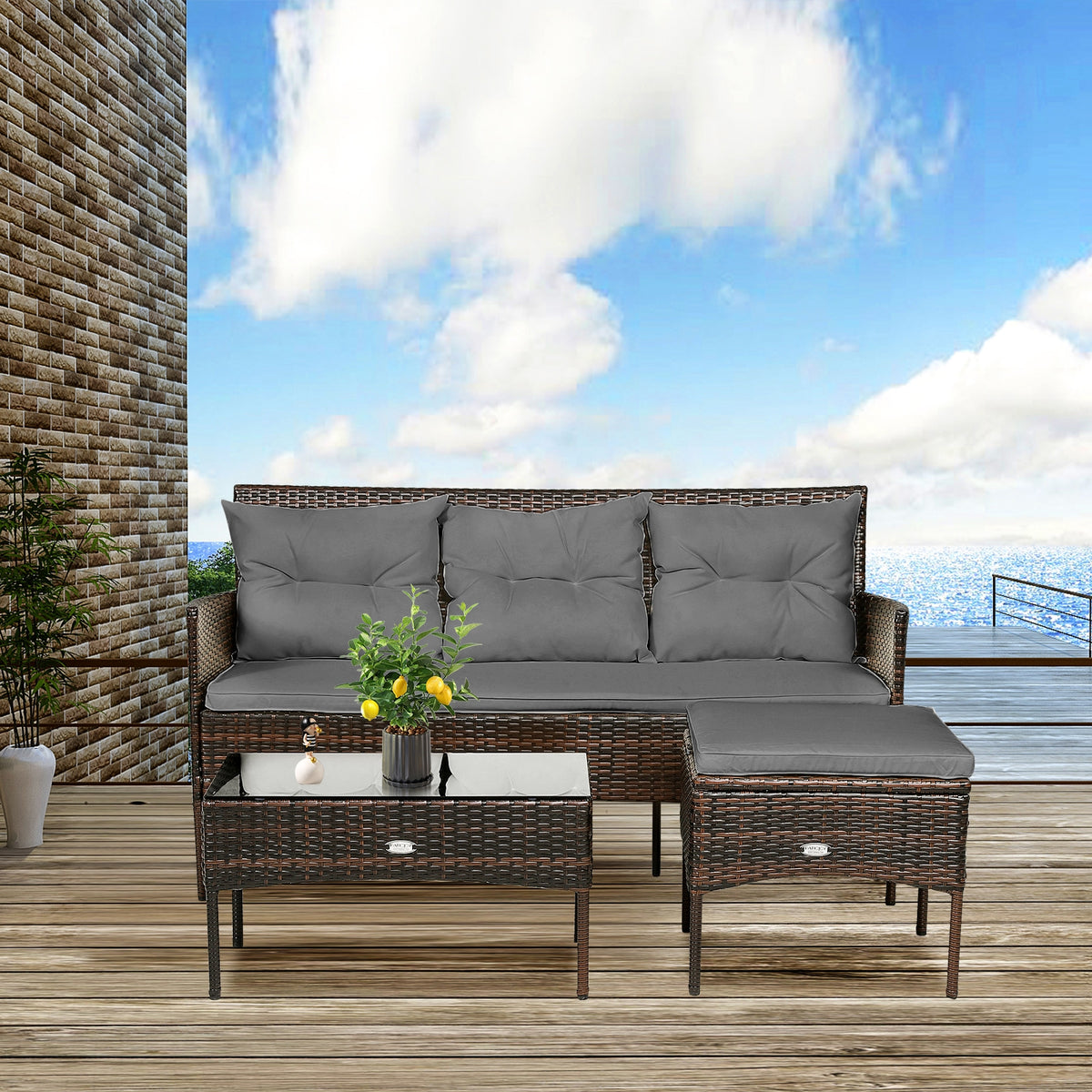 3-Piece Patio Sectional Set with Cushions & Coffee Table - Gray
