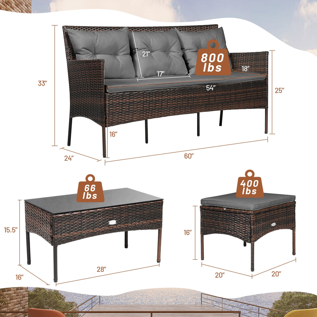 3-Piece Patio Sectional Set with Cushions & Coffee Table - Gray