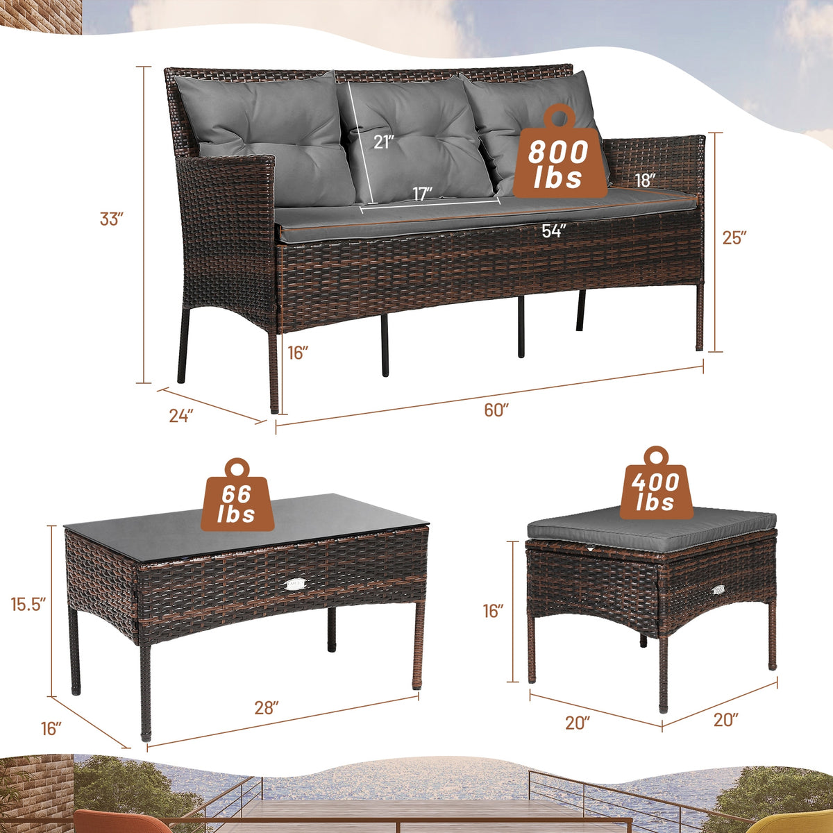 3-Piece Patio Sectional Set with Cushions & Coffee Table - Gray