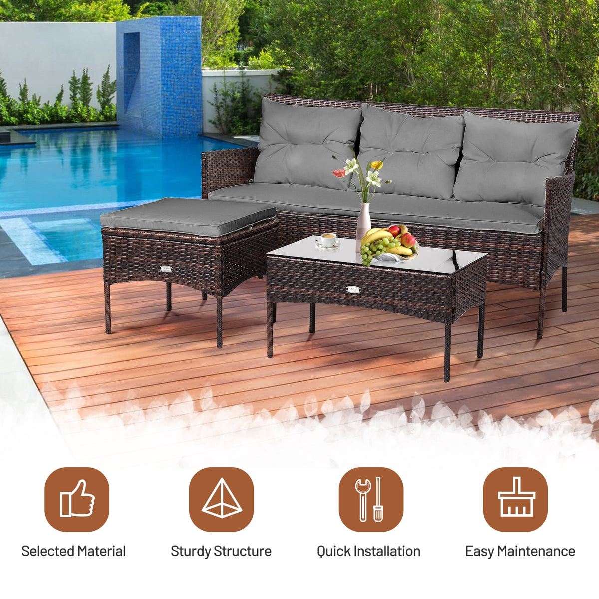 3-Piece Patio Sectional Set with Cushions & Coffee Table - Gray