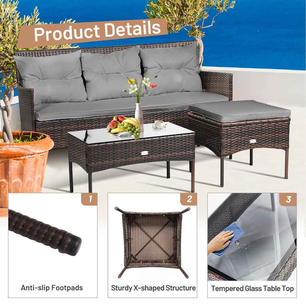 3-Piece Patio Sectional Set with Cushions & Coffee Table - Gray