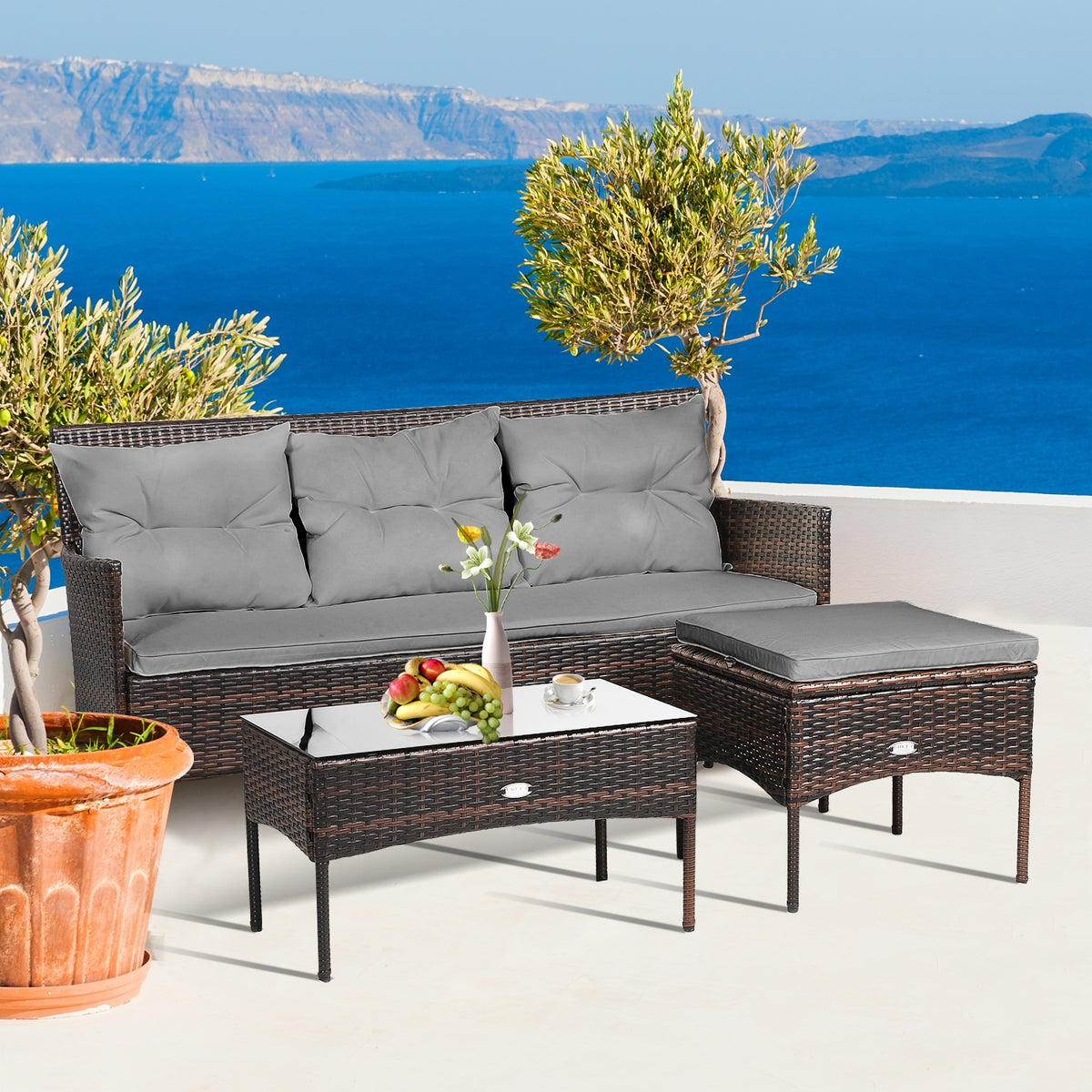 3-Piece Patio Sectional Set with Cushions & Coffee Table - Gray