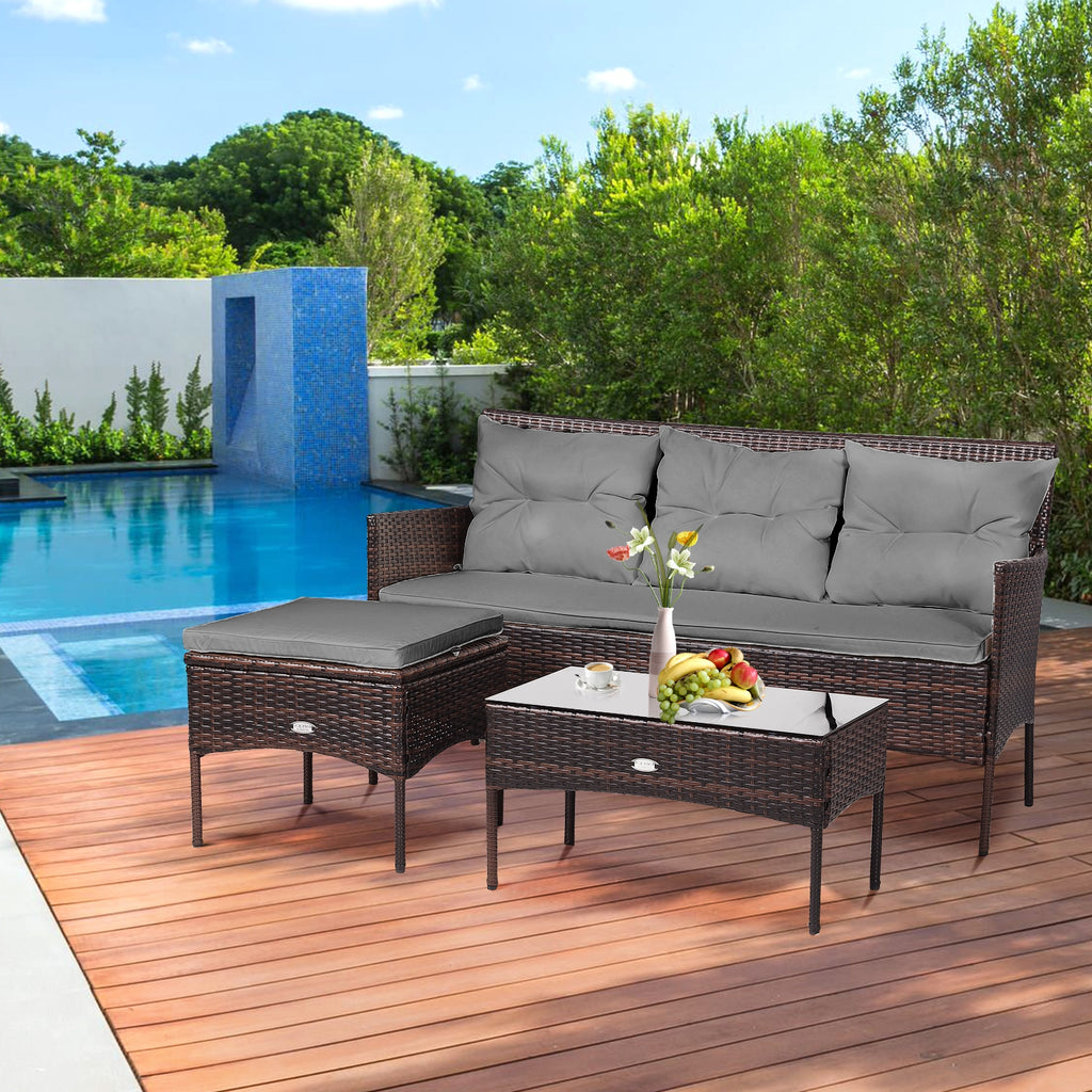 3-Piece Patio Sectional Set with Cushions & Coffee Table - Gray