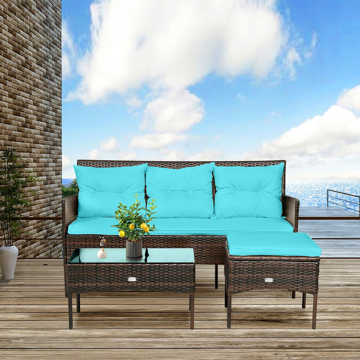 3-Piece Patio Sectional Sofa Set with Cushions - Turquoise