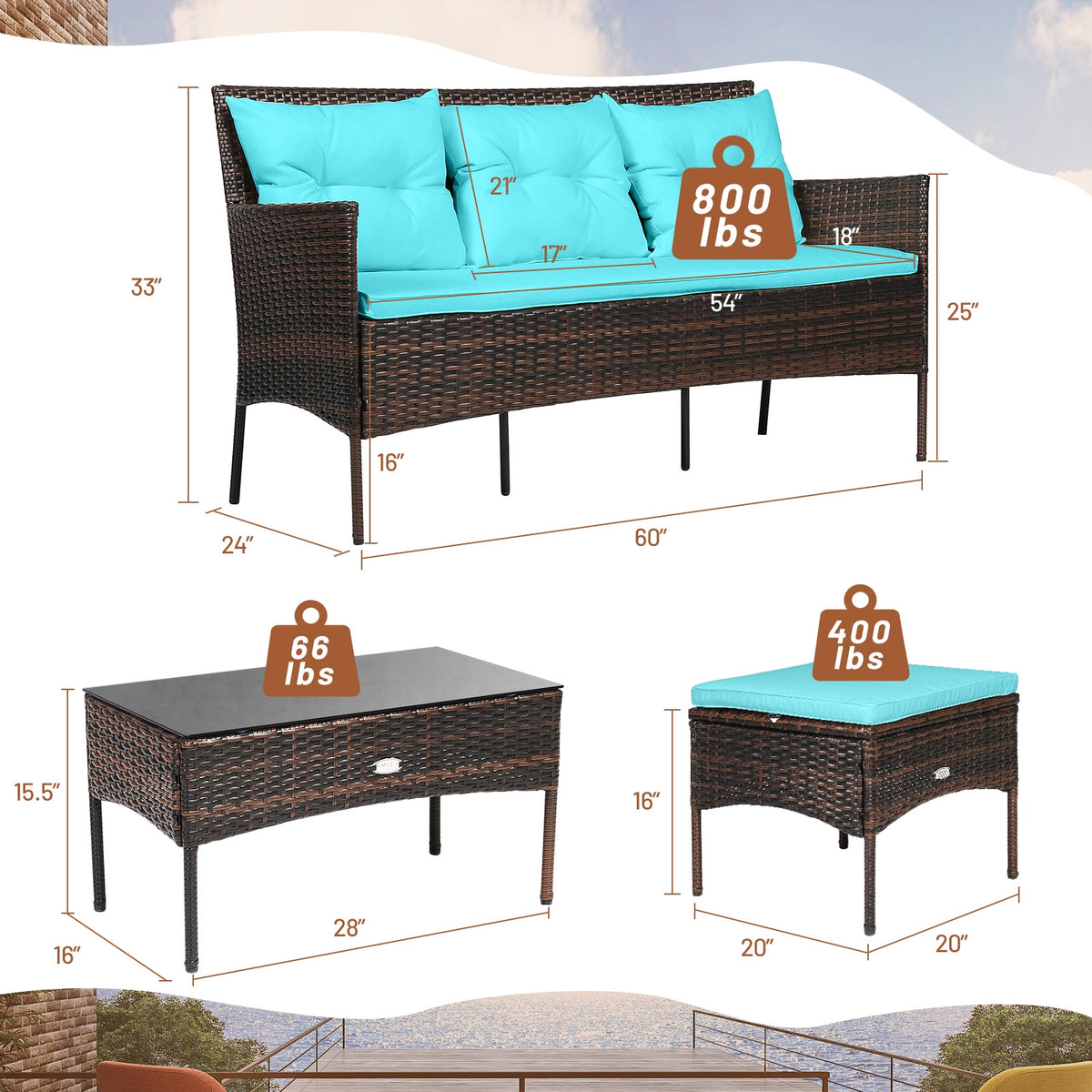 3-Piece Patio Sectional Sofa Set with Cushions - Turquoise