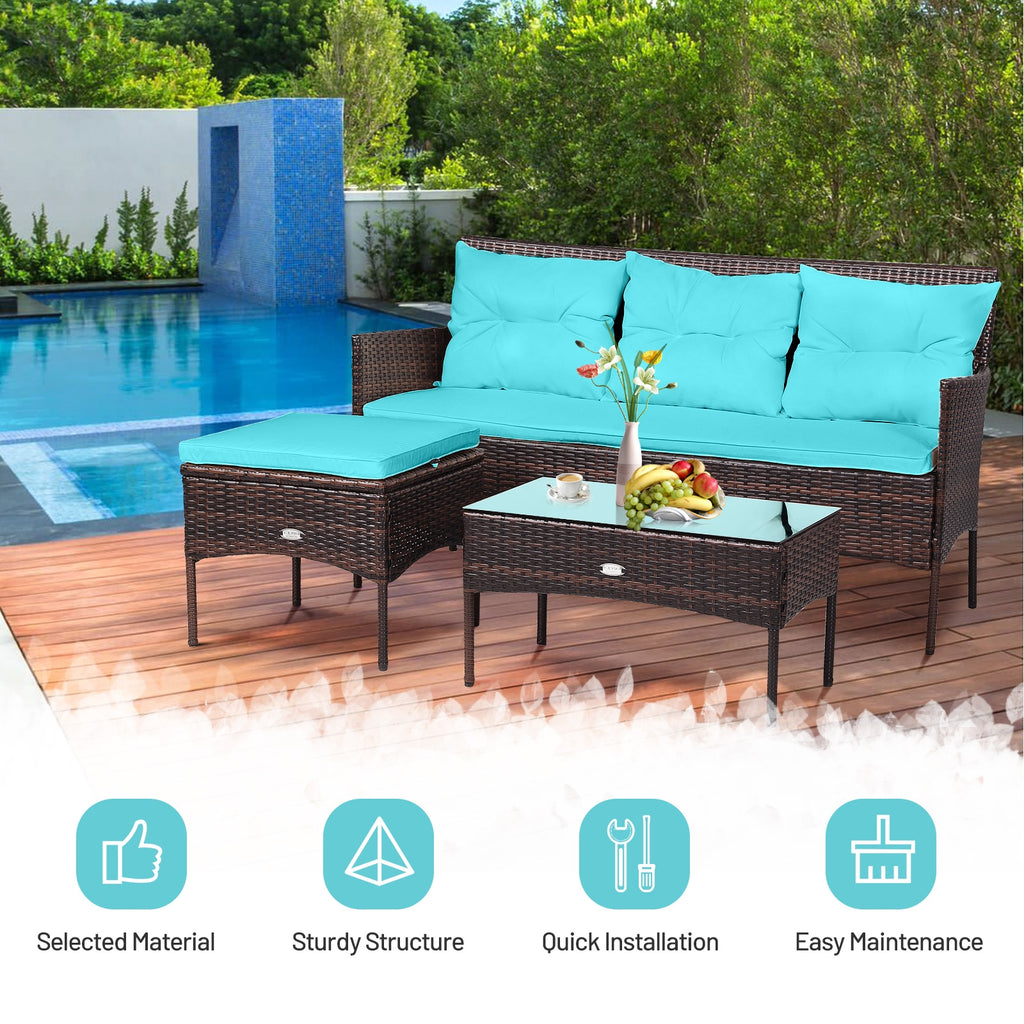 3-Piece Patio Sectional Sofa Set with Cushions - Turquoise