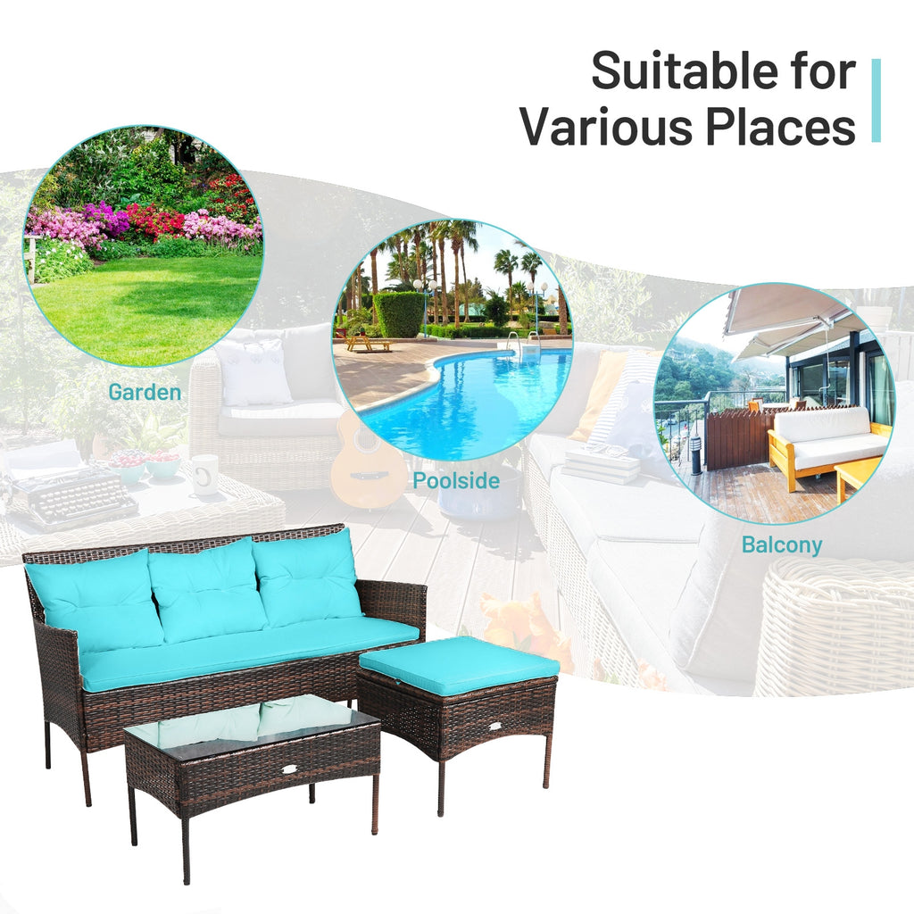 3-Piece Patio Sectional Sofa Set with Cushions - Turquoise